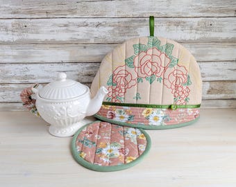 Quilted Tea Cozy Set With Upcycled Vintage Embroidery, 3-pc Pot Cover, Handmade in Canada
