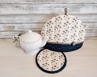 Modern Floral Quilted Tea Cozy Set, 3-pc Insulated Pot Cover, Handmade in Canada