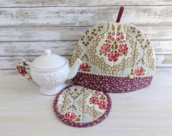 Quilted Floral Tea Cozy Set, 3-pc Insulated Pot Cover, Handmade in Canada