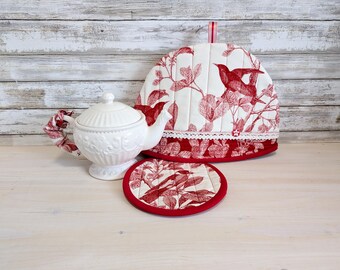 Toile-Style Quilted Tea Cozy Set, 3-pc Insulated Pot Cover, Handmade in Canada