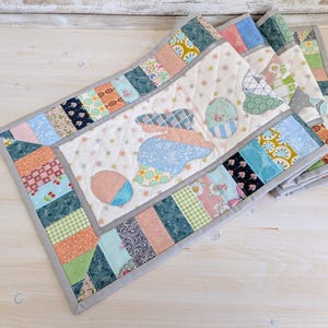 Quilted Easter Table Runner, Scrappy Bunny Centerpiece, 41.25" x 12.25", Handmade in Canada