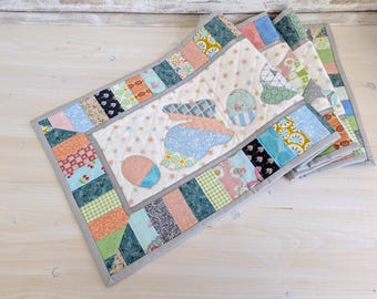 Quilted Easter Table Runner, Scrappy Bunny Centerpiece, 41.25" x 12.25", Handmade in Canada