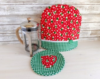 Quilted French Press Cozy and Trivet, Holiday Polar Bear Pot Cover, Handmade in Canada