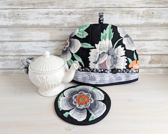 Quilted Modern Floral Tea Cozy Set, 3-pc Insulated Pot Cover, Handmade in Canada