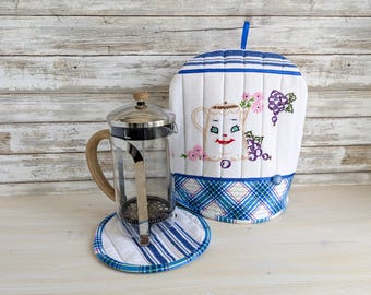 Quilted French Press Cozy & Trivet Set With Upcycled Vintage Embroidery, Handmade in Canada