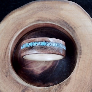 Wood ring - Ash and tineo bentwood ring with turquoise stone inlay - men's ring, women's ring, anniversary ring, wood wedding, engagement