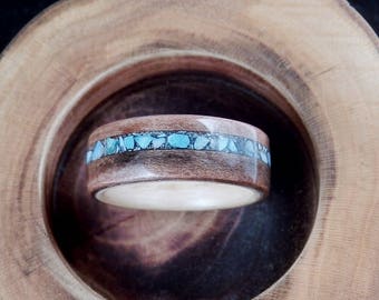 Wood ring - Ash and tineo bentwood ring with turquoise stone inlay - men's ring, women's ring, anniversary ring, wood wedding, engagement