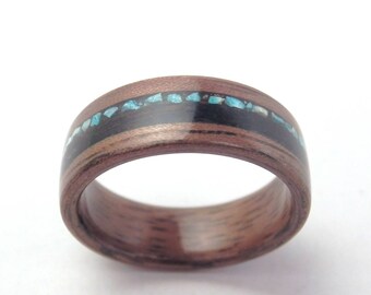 Bentwood Walnut Ring: Turquoise Ebony Inlay, Handmade Wood Ring