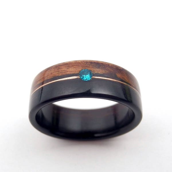 Wooden ring - Bentwood Santos Palisander and Macassar Ebony with Swarovski crystal (zircon blue)  - men, women's ring, engagement