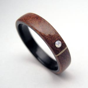 Wood ring - Santos Palisander and Macassar ebony bentwood ring with sycamore maple inlay and Swarovski crystal - White opal crystal