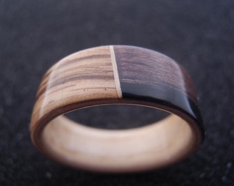Bague en bois courbé : bois de zèbre, ébène, bois de frêne, bague en bois unisexe