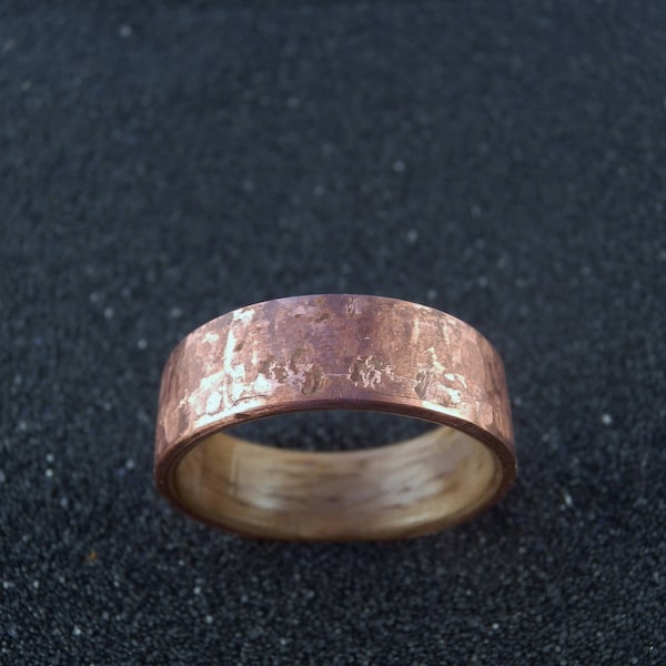 Hammered Copper Oak Wood Ring: Rustic Statement Band