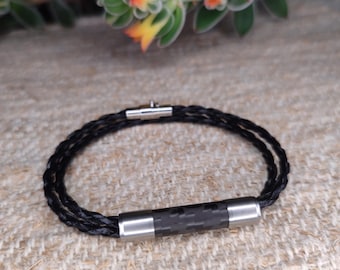 Braided leather bracelet with carbon fiber and stainless steel - men&#39;s jewelry, vegan leather