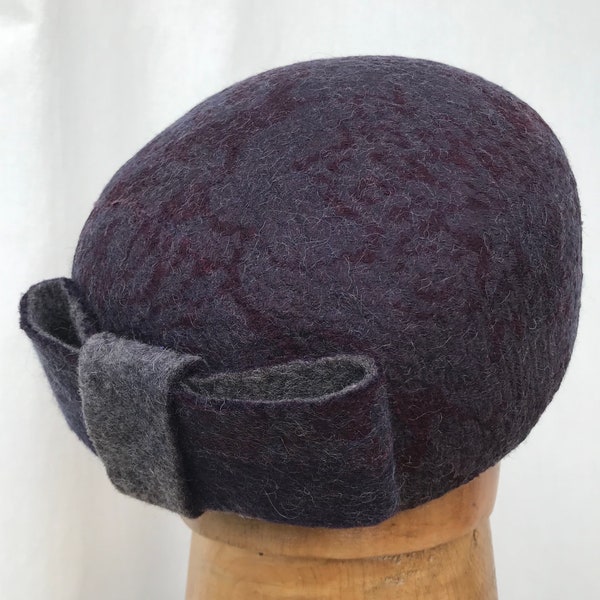 Hand Felted Merino Wool and Silk Pillbox Hat Wine Red and Grey Jackie Kennedy Style