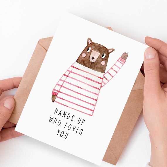 Hands Up Who Love You, Cute Bear Card, Love Card, Valentines Day Card, Love Bears, I Love You Card, Sending Love Card, Bear Card
