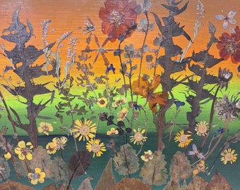 Pressed flower art, Pressed leaves art, pressed leaves collage on wooden panel, wall decor, botanical art, OOAK