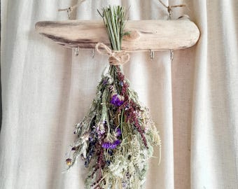 Rustic hanging decor Dried wildflowers rack/key holder hanging decor boho, rustic botanical natural wall decor