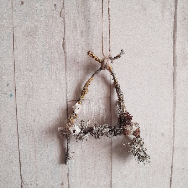 Rustic twigs letter, moss covered and pinecones twig hanging letter decor