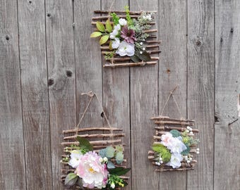 Floral hanging home decor, pink flowers and branches wall decor bohemian home