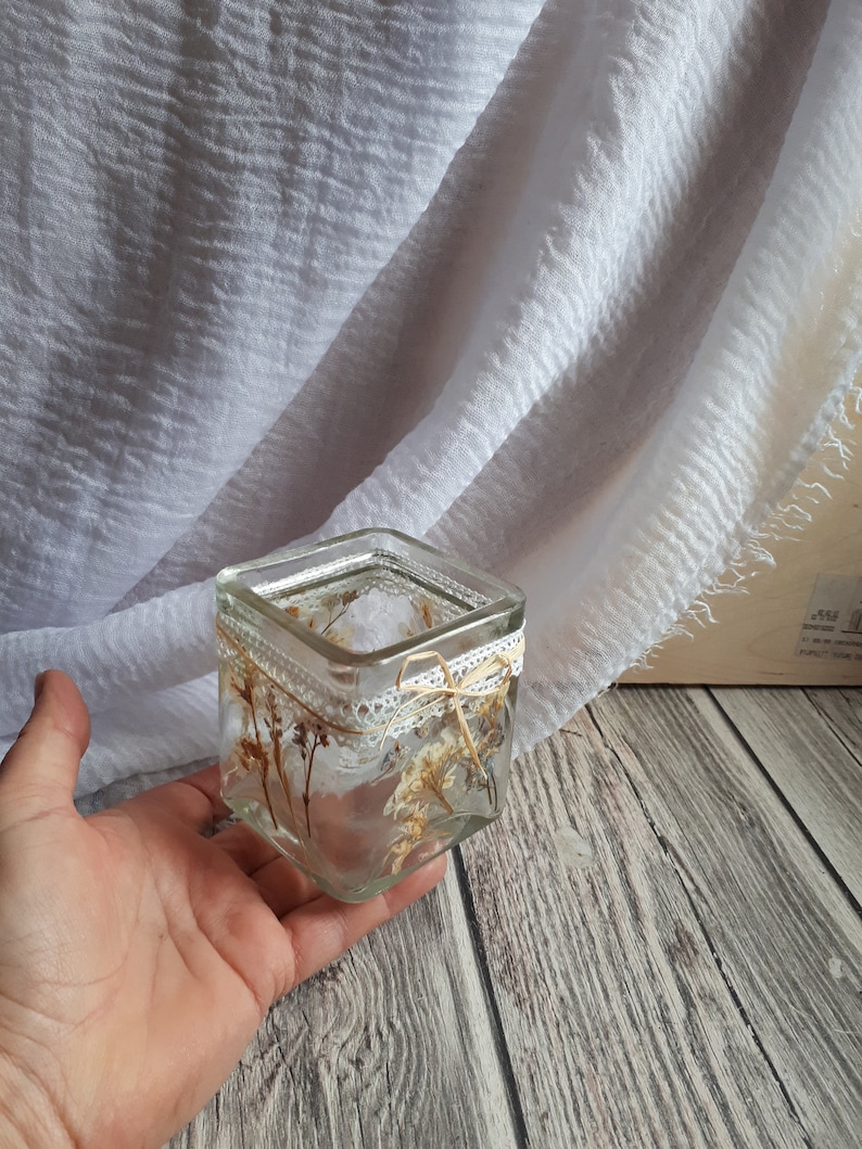 romantic decor pressed flowers candleholder romantic gift Shabby candleholder rustic glass candleholder decor
