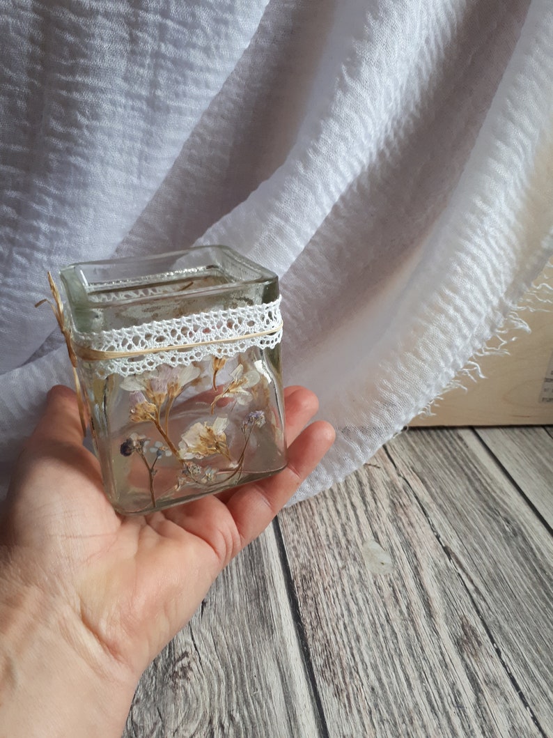 romantic decor pressed flowers candleholder romantic gift Shabby candleholder rustic glass candleholder decor