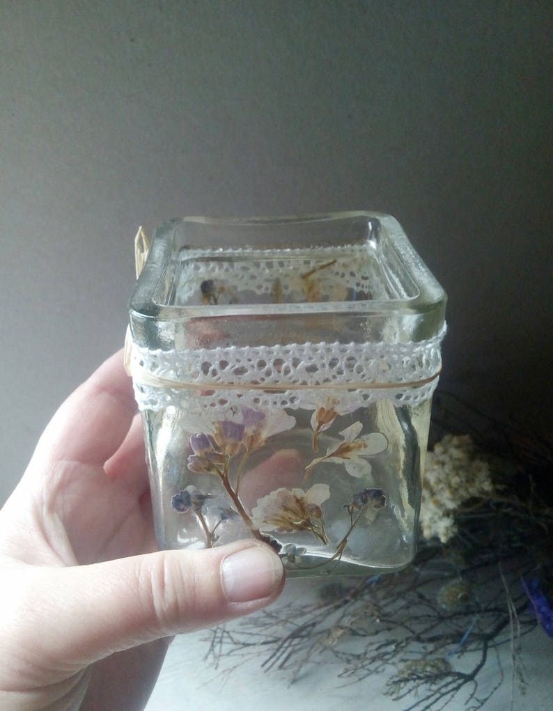 romantic decor pressed flowers candleholder romantic gift Shabby candleholder rustic glass candleholder decor