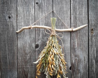 Boho wall hanging, Rustic woodland hanging grass decor, natural botanical wall hanging, Dried flowers rack,