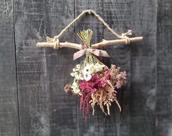 Blush Pink Dried Flower Rack on Driftwood, Garden Flower Wall Hanging, Cottagecore Botanical Decor