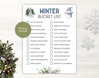 Winter Bucket List Printable for Kids and Toddlers, Homeschool Winter Games Indoor and Outdoor, Classroom Activity