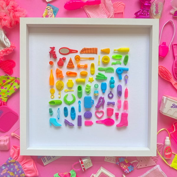 Barbie Doll Shadowbox Framed Art, Barbie Shoes and Accessories: ''Taste the Rainbow''