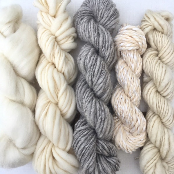 100% Natural Neutrals Hand spun Yarn & Fibre Bundle /135g 4.76oz / Ecru - White - Peach - Grey / Sustainable Textiles / Unique Yarn