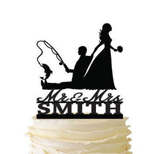 Mr. Mrs. with Bride Dragging Groom - Fishing Groom with Last Name  - Standard Acrylic - Wedding - Fishing Cake Topper - 122