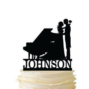 Couple with Piano Cake Topper with Name - Bride and Groom -  Standard Acrylic - Wedding Cake Topper - 199