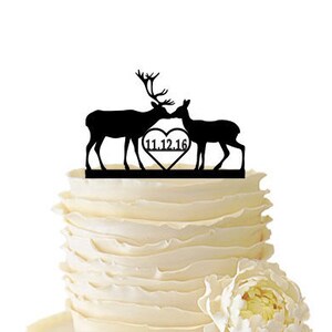 Kissing Deer With Date or Initials - Buck And Doe -  Acrylic or Baltic Birch Wedding/Special Event Cake Topper - 099