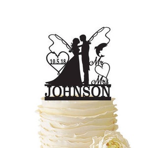 Mr. Mrs. with Bride and Groom - Fishing Poles With Date or Initials and Last Name  - Standard Acrylic - Wedding - Fishing Cake Topper - 135