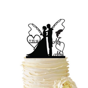 Mr. Mrs. with Bride and Groom - Fishing Poles With Date or Initials  - Standard Acrylic - Wedding - Anniversary - Fishing Cake Topper - 102