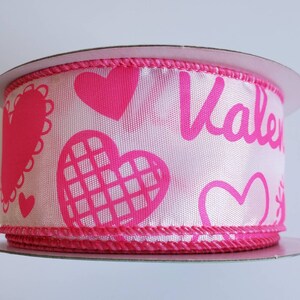 Valentine Words With Hearts White/Pink Wired Ribbon, Valentine, Valentine Wired Ribbon, 1.5&quot; X 10 Yards Ribbon, Pink Ribbon, Heart Ribbon