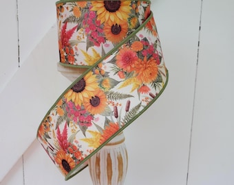 Autumn Florals Ivory/Yellow/Orange/Red/Brown/Green Wired Ribbon 2.5" X 10 Yards, Fall, Wreath Supply, Harvest, Thanksgiving