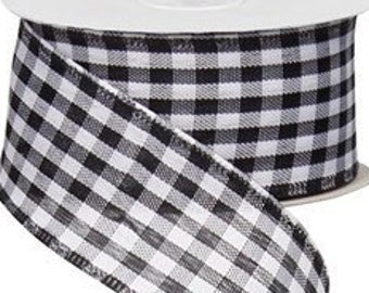 Black/White Gingham Check Wired Ribbon, 1.5" X 10 Yds Ribbon, Gingham Check Ribbon, Wreath Supplies, Ribbon For Wreath, Black/White Ribbon