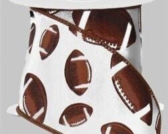 Brown Footballs White Satin Wired Ribbon, 2.5" X 10 Yards Ribbon, Wreath Supplies, Football Wreath Ribbon, Sports Wreath, Football, Bows