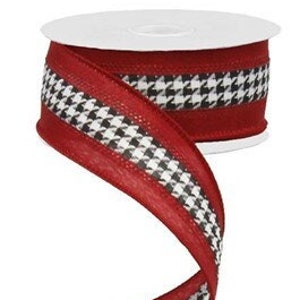 Small Houndstooth Black/White Crimson Edge Satin Wired Ribbon 1.5&quot; X 10 Yards, Wreath Supplies, Houndstooth Ribbon, Football Ribbon, Alabama