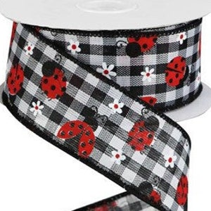 Ribbon, Mini Ladybug Gingham Check Wired Ribbon, 1.5&quot; X 10 Yds Ribbon, Check Ribbon, Wreath Supplies, Ribbon For Wreath, Ladybugs, Bows