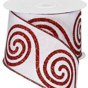 Red Large Glitter Swirl on White Wired Ribbon 2.5" X 10 Yards, Red and White Ribbon, Christmas Wired Ribbon, Christmas, Red Ribbon, Bows