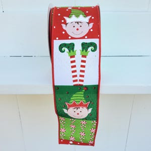 Elf Face/Legs Pattern Faux Royal Christmas Wired Ribbon 2.5" X 10 Yards, Elf, Christmas, Polka Dot Ribbon, Elf Leg Ribbon, Elves