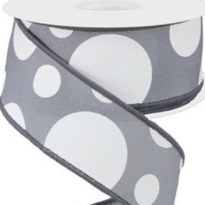 Dark Grey White Three Size Polka Dot PG Wired Ribbon, 1.5&quot; X 10 Yards Ribbon, Wreath Supplies, Dot Ribbon, Grey Ribbon, White Dot Ribbon