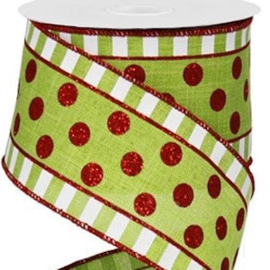 Red Glitter Polka Dot/Stripe Lime Green Wired Ribbon 2.5" X 10 Yards, Lime Green/White Stripe Ribbon, Christmas Ribbon, Christmas