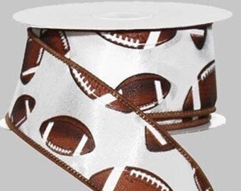 Brown Footballs on White Satin Wired Ribbon 1.5" X 10 Yards, Wreath Supplies, Football Wreath Ribbon, Sports Wreath, Football, Sports Ribbon