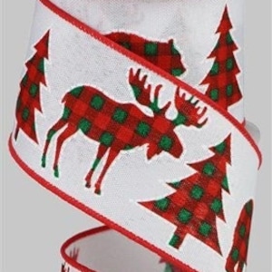 Buffalo Plaid Christmas Trees/Bears/Moose Royal Wired Ribbon, 2.5&quot; X 10 yards, Buffalo Plaid Ribbon, Christmas Ribbon, Plaid, Christmas, Bow