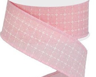 Pale Pink with White Raised Stitched Squares Royal Wired Ribbon 1.5" X 10 Yards, Wreath Supplies, Pink Ribbon, Baby Wreath