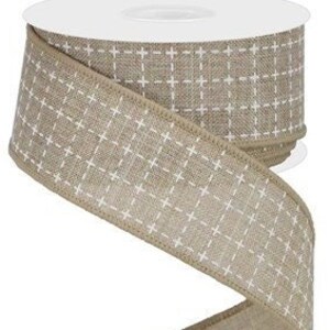 Natural/White Raised Stitched Squares Royal Wired Ribbon, Wired Ribbon, 1.5&quot; X 10 Yards Ribbon, Wreath Supplies, Natural, Check Ribbon, Bow